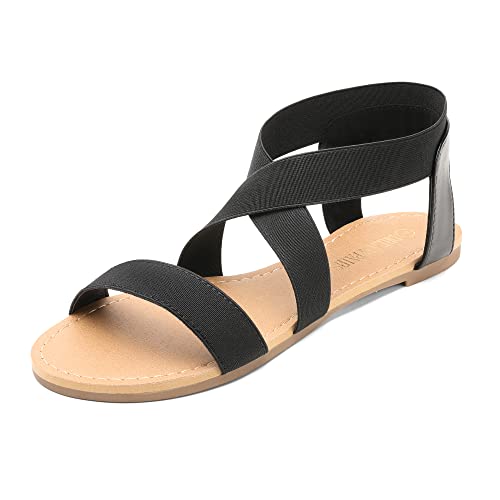 DREAM PAIRS Women's Elastic Ankle Strap Flat Sandals Summer Dressy Shoes Cute Strappy Gladiator Sandals