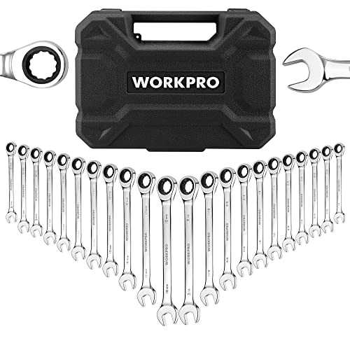 WORKPRO 22-Piece Ratcheting Wrench Set, Ratchet Combination Wrench Sets with Organizer Box, Nickel Plating, 72 Teeth, Metric 6-18mm & SAE 1/4-3/4"