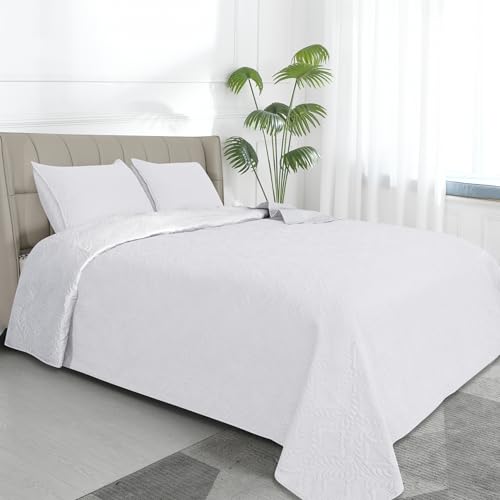 Easy-Going Full/Queen Size Reversible Quilt Set with 1 Quilt and 2 Pillow Shams, Soft Bed Quilt Cover, Water Resistant Lightweight Microfiber Bedspread, Stain Resistant, Olive Leaf-White/Whi
