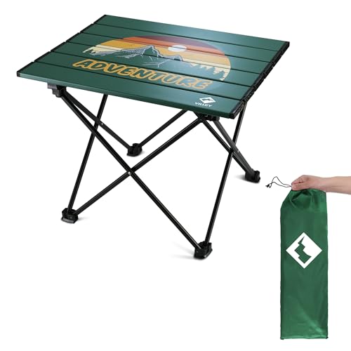 VILLEY Portable Camping Side Table, Ultralight Aluminum Folding Table with Mountain Silhouette Print and Carry Bag for Camping, Picnic, Beach, Travel