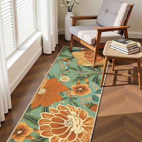 Tyrot Sage Green Boho Floral 2x6 Washable Kitchen & Hallway Runner Rug Ultra-Thin Flat Woven Low Pile Botanical Runner Rug Non-Slip Indoor Butterfly Runner for Entryway, Laundry, Bathroom an